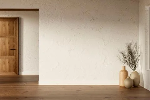 Empty white plaster wall and flower vases on parquet floor corridor leading.. Stock Illustration
