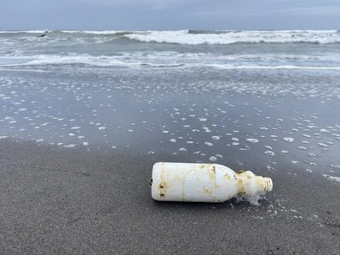 Empty white plastic bottle covered in green slime washed up on a sandy New Zeala Foto stock