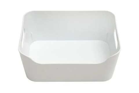 Empty white plastic storage bin on isolated background. Minimalist organizi.. Stock Photos