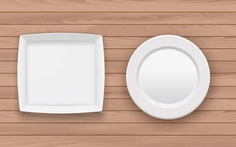 Empty white plate and white paper box on the wooden table Stock Illustration