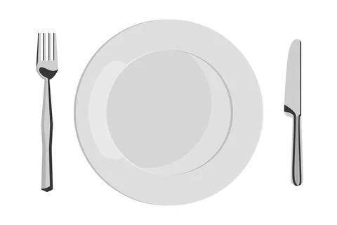 Empty white plate with fork and knife Illustrazione stock