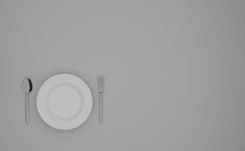Empty white plate with fork and knife on table. Top view. Grey background Stock Photos