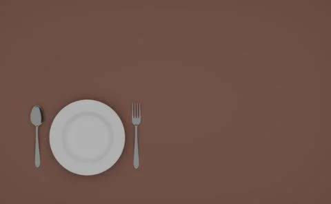 Empty white plate with fork and knife on table. Top view. Brown background Stock Photos