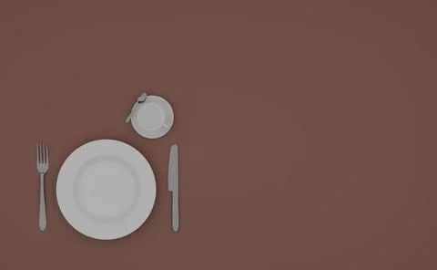 Empty white plate with fork and knife on table. Top view. Brown background Stock Photos