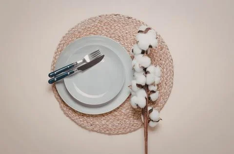 Empty white plate with fork on woven mat and cotton branch Stock Photos