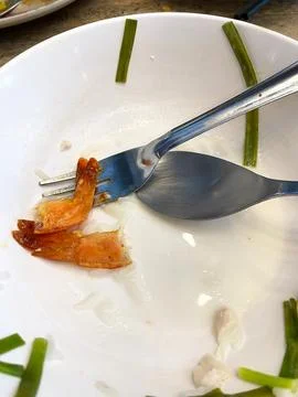 Empty white plate with leftover shrimp, fork, and spoon, garnished with green Stock Photos