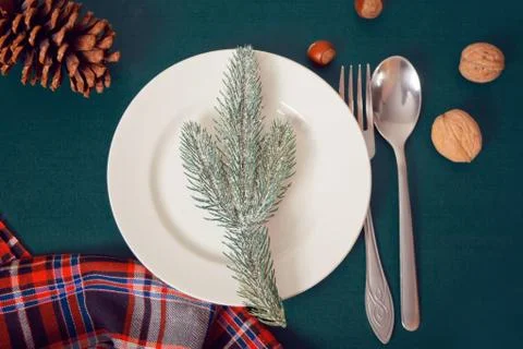 Empty white plate with pine branch, cutlery and Christmas decor on the green  Stock Photos