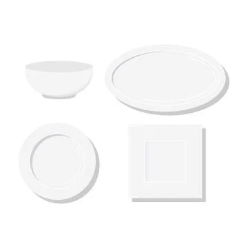 Empty white plates different form icon set isolated on white background. Stock Illustration