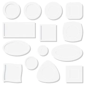 Empty white plates set vector illustration isolated on white background. Ilustración de archivo