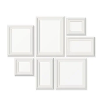 Empty white pocture frames, 3d photo borders isolated on wall Illustration
