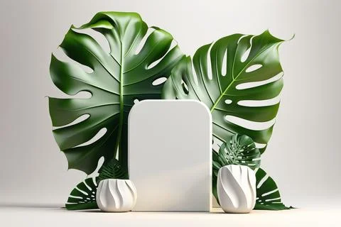 Empty white podium behind with 6 palm leaves Stock Illustration
