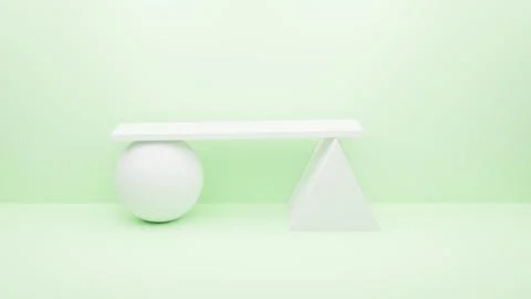 An empty white podium held by a sphere and a pyramid on a light green backgro Illustrazione stock
