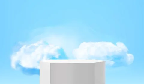 Empty white podium with rain clouds. 3d vector presentation mockup Stock Illustration