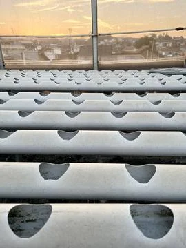 Empty White PVC Pipes Hydroponic Growing System Setup Stock-Fotos