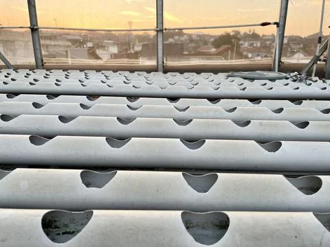 Empty White PVC Pipes Hydroponic Growing System Setup Stock Photos
