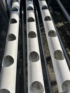 Empty White PVC Pipes Hydroponic Growing System Setup Stock Photos