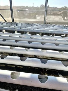 Empty White PVC Pipes Hydroponic Growing System Setup Stock Photos