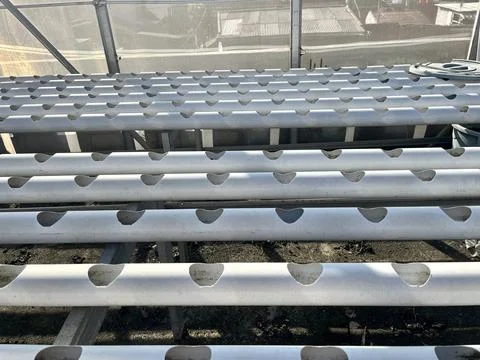 Empty White PVC Pipes Hydroponic Growing System Setup Stock Photos