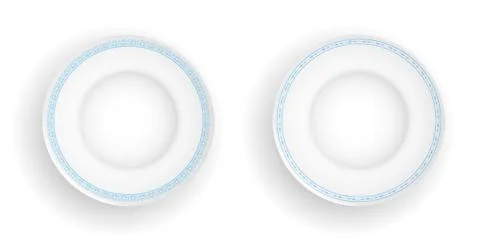 Empty white realistic plates with blue ornaments. Table setting and serving Illustrazione stock