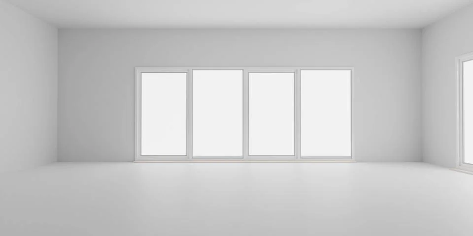Empty white room with big windows and bright day light 3d render illustration Stock Illustration