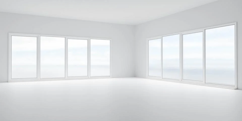 Empty white room with big windows and bright day light 3d render illustration Stock Illustration