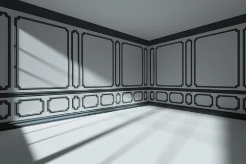 Empty white room with black classic style decor on walls wide angle Stock Illustration