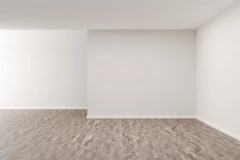 Empty white room with blank walls and brown hardwood floor - presentation or  Stock Illustration