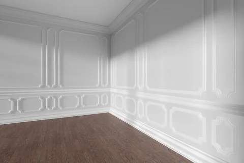 Empty white room corner with molding and dark parquet floor Illustrazione stock