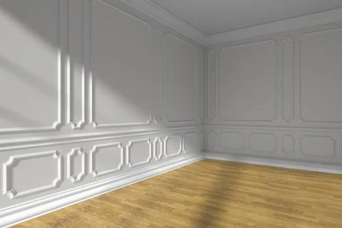 Empty white room corner with molding and parquet floor Stock Illustration