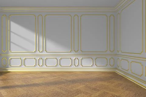 Empty white room with gold molding and parquet floor Stock Illustration