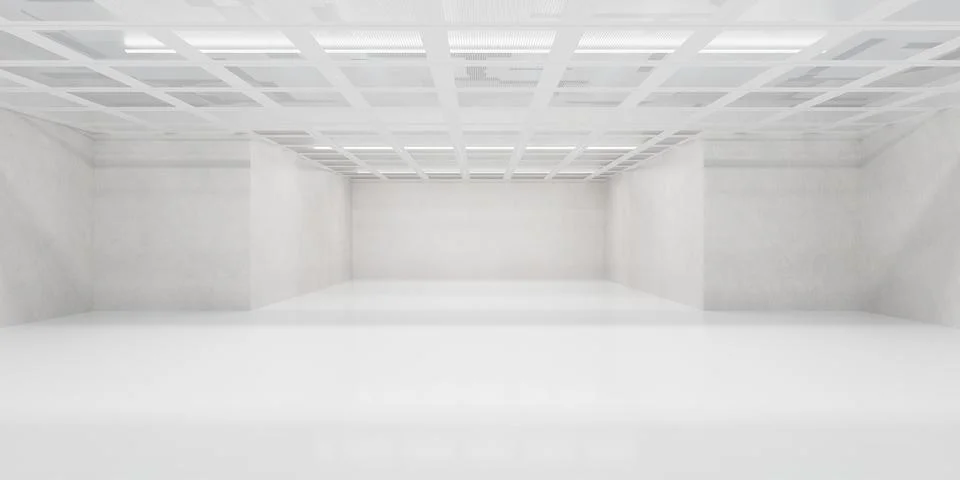 Empty white room with grid ceiling and recessed lighting 3d render illustration Stock Illustration