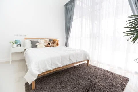 Empty white room interior with bed, Stock Photos