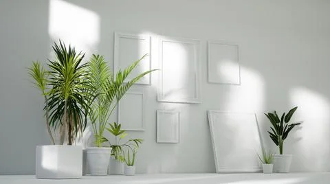 Empty white room interior with classic picture frames, tropical home plants o Foto stock