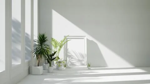 Empty white room interior with classic picture frames, tropical home plants o Foto stock