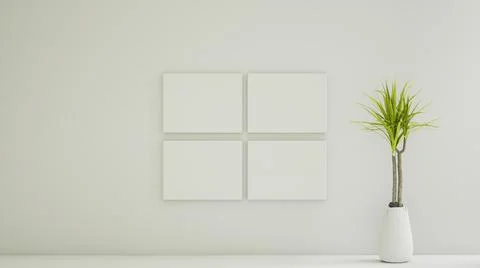 Empty white room interior with Dragon Tree plant in a white pot and four post Stock Photos