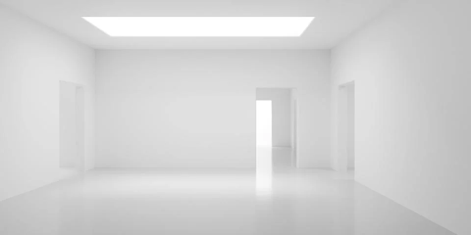 Empty white room with large square light and adjacent rooms with doorways, .. Stock Illustration