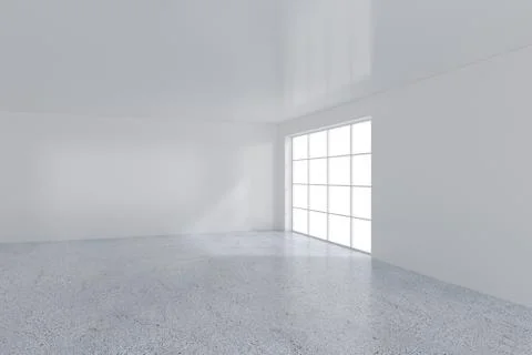Empty white room with large stained glass windows. 3D rendering Illustrazione stock