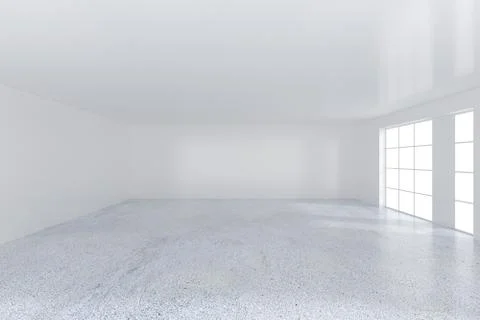Empty white room with large stained-glass windows. 3D rendering Illustrazione stock