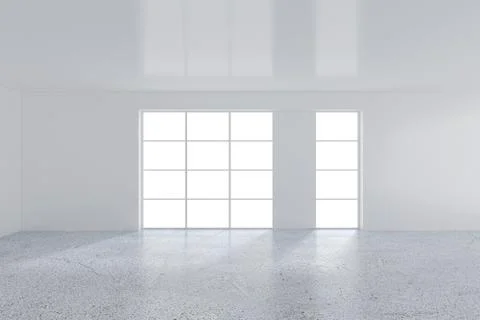 Empty white room with large stained-glass windows. 3D rendering Illustrazione stock