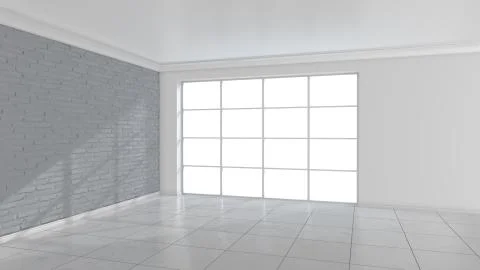 Empty white room with large stained glass windows. 3D rendering Stock Illustration