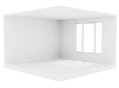 Empty white room with a large window and white walls, ceiling and floor, 3d r Stock Illustration
