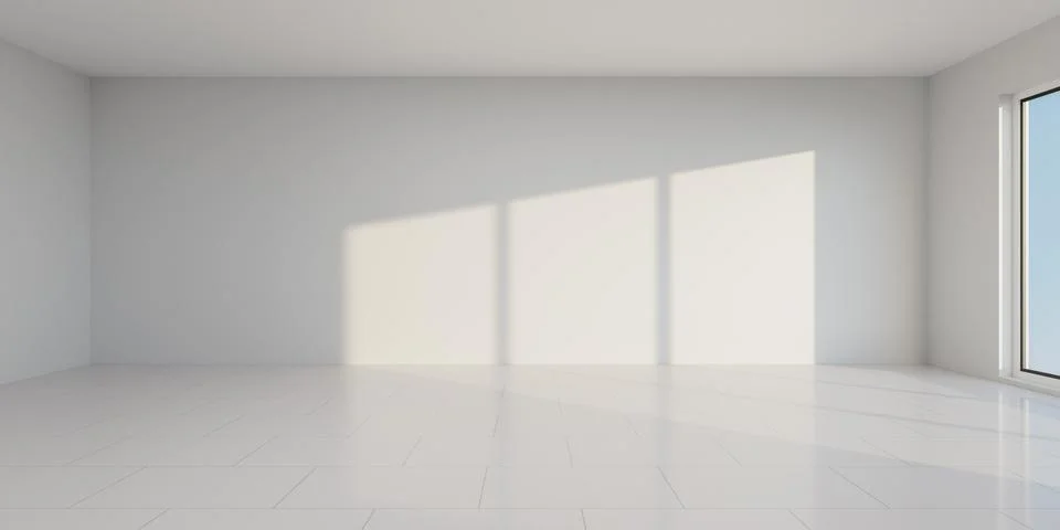Empty white room with large window and sunlight 3d render illustration Stock Illustration