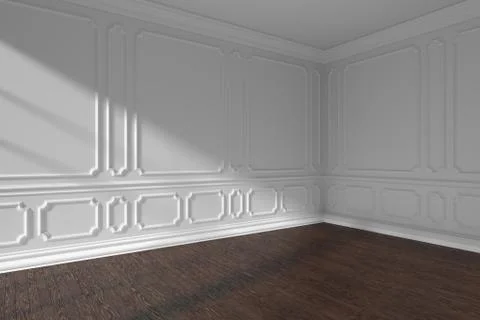 Empty white room with molding and dark parquet floor. Stock Illustration