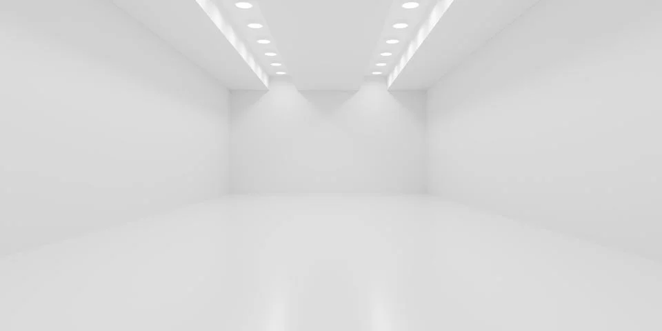 Empty white room or gallery background with two rows of spotlights in the c.. Stock Illustration