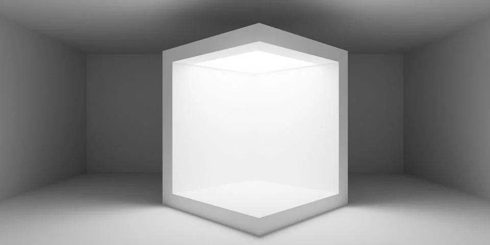 Empty white room or gallery background with center cube cabinet or display .. Stock Illustration