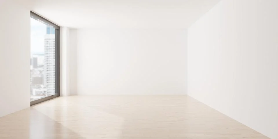 Empty white room or gallery background with window and wooden floor, copy s.. Stock Illustration