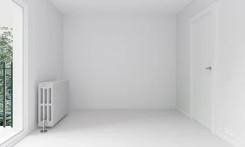 Empty white room with radiator and doorway 3d render illustration Ilustración de archivo