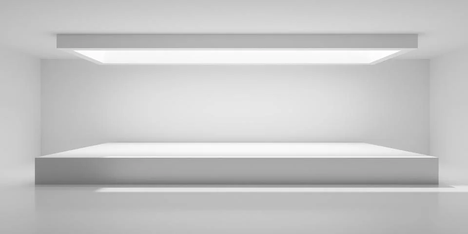 Empty white room with rectangular light shaft above podium, modern empty in.. Stock Illustration