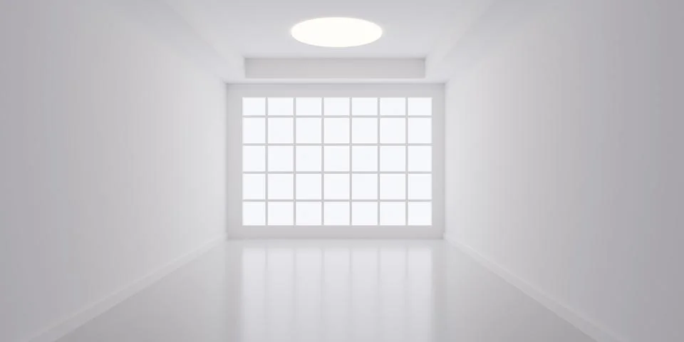 Empty white room with round light and window grid in the back, modern empty.. Stock Illustration