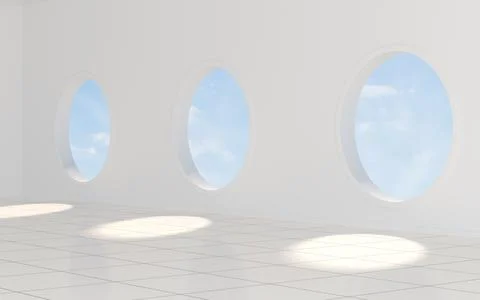 Empty white room with round window, 3d rendering. Stock Illustration
